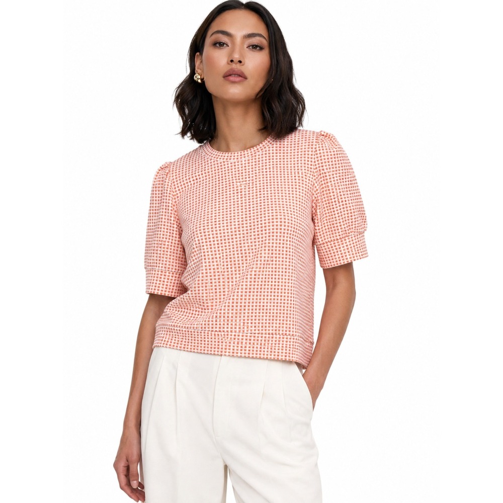 Les Serein Selene Short Sleeve Crew Neck Knit Top Orange Gingham Womens M NEW